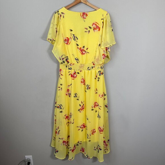 DKNY Shirred Floral Print Crepon Midi Dress Womens 14 Yellow Flutter Sleeve Chic - Picture 10 of 13